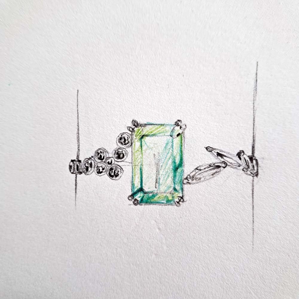 Croquis couleur dessiné à la main d'une bague à pierre verte