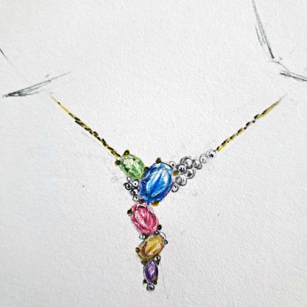Croquis couleur dessiné à la main d'un collier multi-pierres